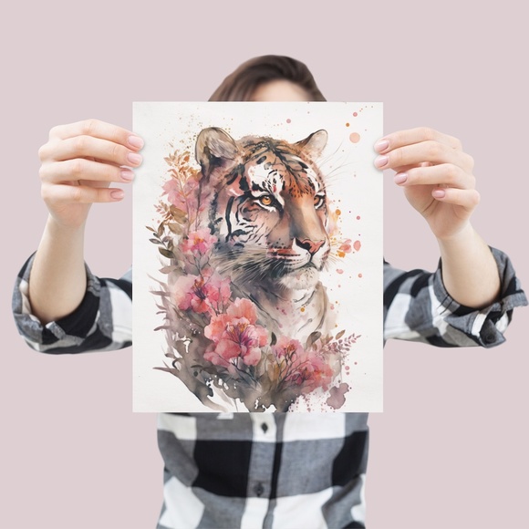 Floral Tiger Watercolor Wall Art Illustration Print Poster Card Unframed - Picture 4 of 6